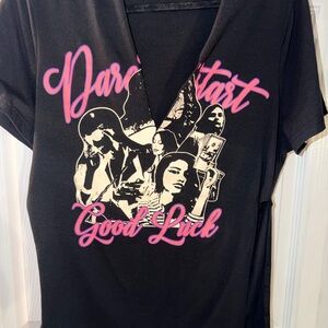 Black Punk Rock V Neck Side Slit Graphic Tee With Back Hit Shoulder Tassles